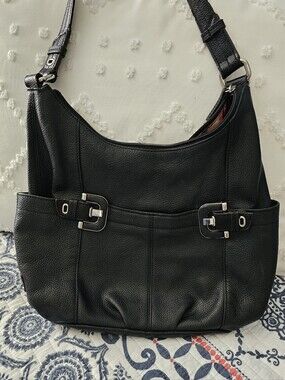 FINAL...Tignanello Black Pebbled Leather Hobo with Silver Buckle Accents